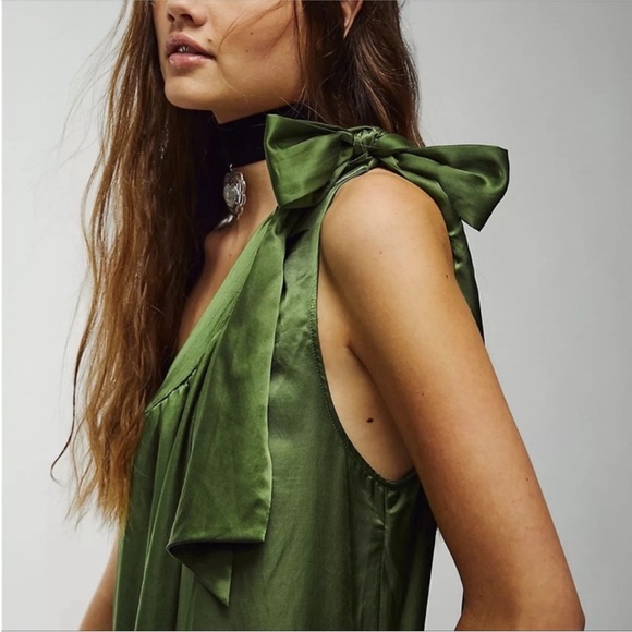 Free People Soa Tie One Shoulder Silky Maxi Dress Gown in Emerald Green - Picture 2 of 11